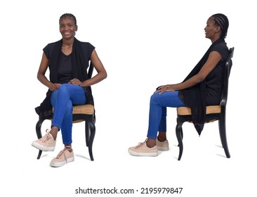 Front And Side View Of A  Woman Sitting On Chair On White Background