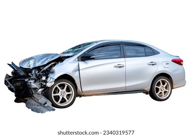 Front and side of white car get damaged by accident on the road. damaged cars after collision. isolated on white background with clipping path, car crash bumper on the road for graphic design element