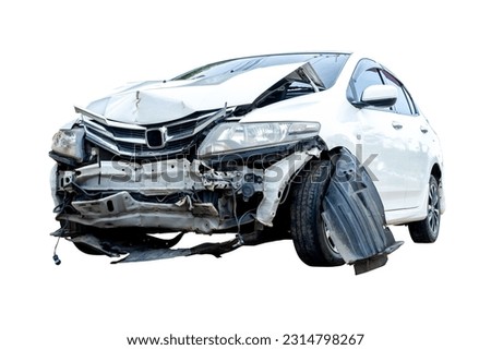 Front and side of white car get damaged by accident on the road. damaged cars after collision. isolated on white background with clipping path