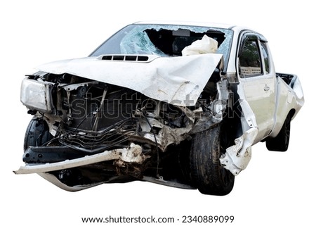 Front and side of white pickup car get damaged by accident on the road. damaged cars after collision. isolated on white background with clipping path, car crash bumper on the road, broken car
