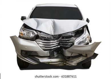 Front Of Silver Car Get Damaged By Accident On The Road. Isolated On White Background. 