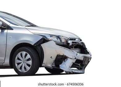 Front Of Silver Car Get Damaged By Crash Accident On The Road. Isolated On White Background. Saved With Clipping Path