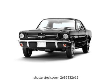 Front and slight left side view of a black muscle model toy car on a white background, showcasing its iconic grille and sleek side profile