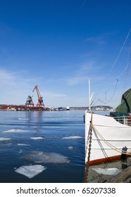 The front of a steamship with a shipyard backdrop in the port of Gothenburg (Goteborg)