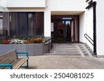 Front Steps and Closed Glass Doors of Entrance to Modern Building.                          