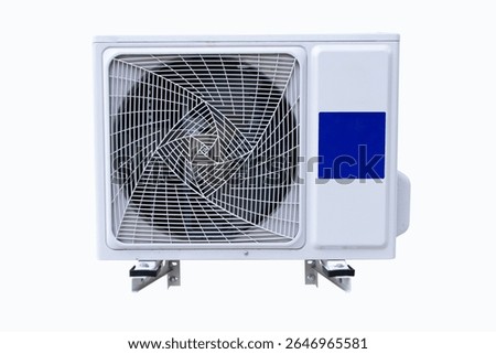 Front of structure old white big air conditioner compressor source heat isolated on white background. Cooling pump technology home or office roof top of building industrial plant.