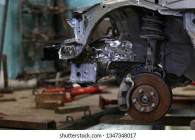 Front Strut With Brake Disc On The Car, Machine Repair