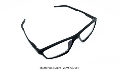 Front and top angle view of modern unisex black eyeglasses frame made of durable plastic material, perfect for daily wear or computer use,