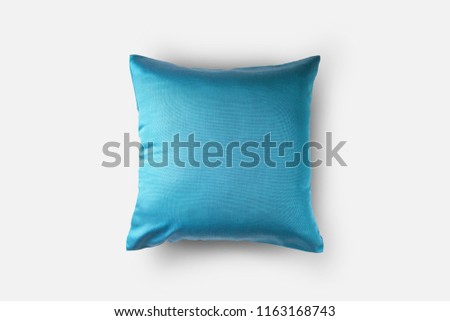 front top view of blue cushion cover, throw pillow, isolated on white background