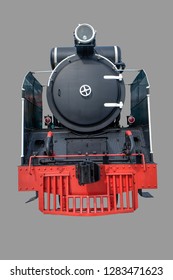 Front Train Locomotive Steam Vintage Isolated On Gray Background, With Clipping Path