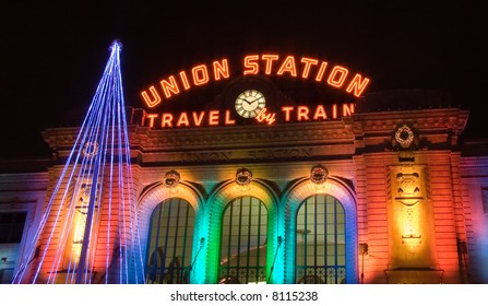 front of union station in Denver at christmas