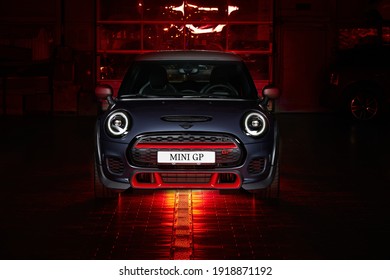 Front of the unique MINI Cooper GP in the garage. 1 with 3000 copies worldwide. Engine power is 306 hp, lowered suspension and extended track width. Katowice, Poland - 07.26.2020