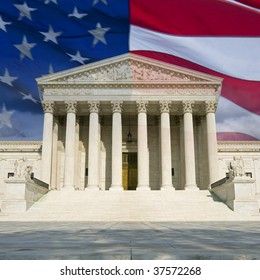The front of the US Supreme Court in Washington, DC, montaged with the current US flag.