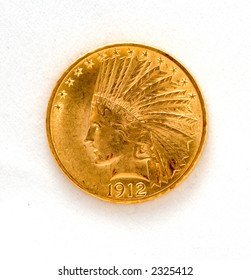 Front Of US Ten Dollar Indian Gold Coin On White Background