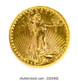 Front Of US Twenty Dollar St. Gauden Double Eagle Gold Coin On White Background