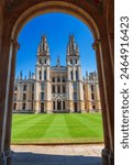 Front vertical view of All Souls College, University of Oxford on a sunny day, in England, Great Britain