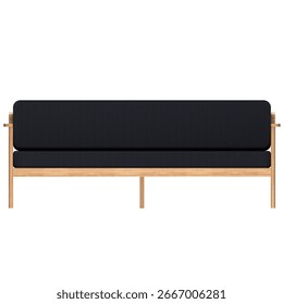 Front view of 3 seater sofa in oak wood with blue cushion, size 193 x 75 cm, durable frame with spacious cushioned seating.