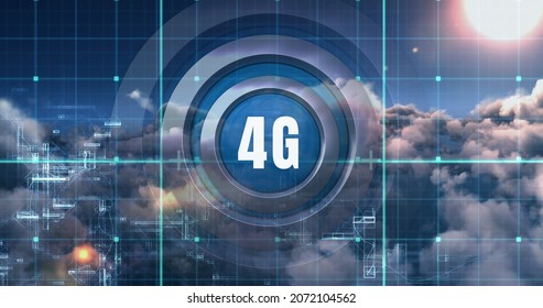 Front view of 4G technology symbol with three metal rings, blueprint concept and moving clouds as background