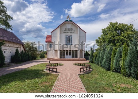 Front view of Adventist Church in Romanian village of Marginea, famous for the traditional handmade production of black pottery