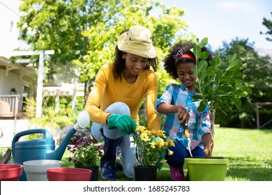 Front view of an African American woman and her daugther in the garden, kneeling and potting plants. Social distancing and self isolation in quarantine lockdown for Coronavirus Covid19 - Powered by Shutterstock