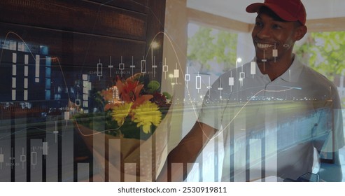 Front view of an African-american deliveryman delivering flowers. A woman is seen opening the door to the delivery man, receives the flowers and signs for it. Digital image of graphs and statistics - Powered by Shutterstock