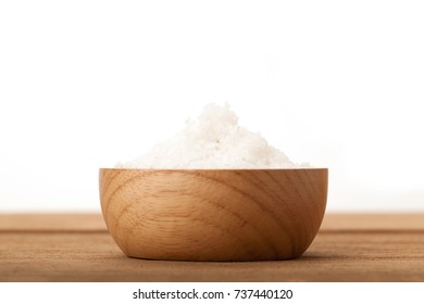 Front View Angle Sea Salt In Wooden Bowl On Wood Background