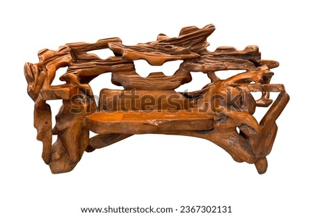 Front view antique wooden bench strange shape isolated on white background