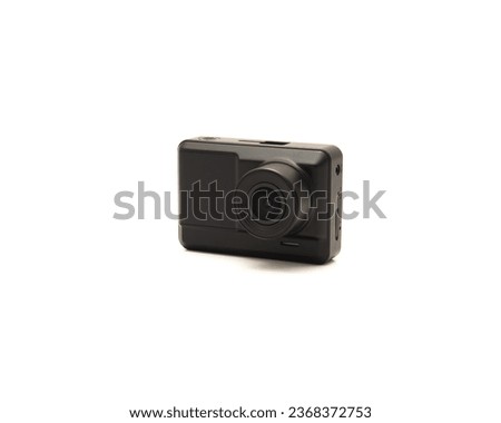Front view back dash cam camera with micro-SD card inserts, audio input, wide-angle lens and Full HD 1080P IPS display isolated on white background, safety and surveillance solution. Clipping path