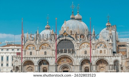 Front view of Basilica of St Mark timelapse. It is cathedral church of Roman Catholic Archdiocese of Venice. It lies at Piazza San Marco. Tourists walking in front of it. Venice, Italy