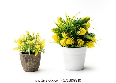Front view beautiful artificial green plant yellow flowers in white and brown pot isolated on white background.artificial green plants in flower pots home and office decoration without care.copy space
