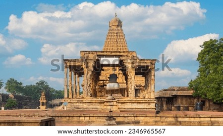 The front view of the beautiful Brihadeeswarar Temple built by famous Chola king Raja Raja Chola in the year 1010 AD.The temple is an architectural and engineering marvel.