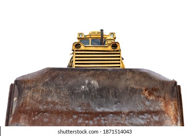 Front View Of Big Bucket Old Rusty Huge Heavy Bulldozer Loader Tread Or Wheel Tractor Isolted On White Background. Vintage Abandoned Earthmover Dozer Machine. Industrial Constuction Site Machinery