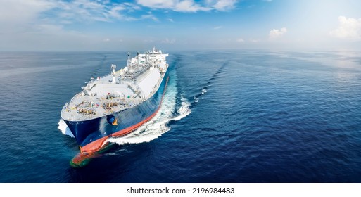 Front View Of A Big LNG Tanker Ship Traveling With Full Speed Over The Calm, Blue Ocean As A Concept For International Fuel Industry With Copy Space