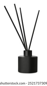 Front view of black aromatic reed diffuser bottle isolated on white