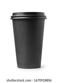 Front View Of Black Disposable Paper Coffee Cup With Lid Isolated On White