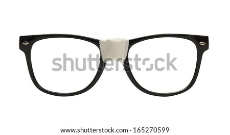 Front View Black Nerd Glasses with Tape, Isolated on White Background.