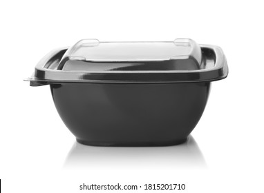 Front View Of Black Plastic Disposable Take Out Food Container With Clear Lid Isolated On White