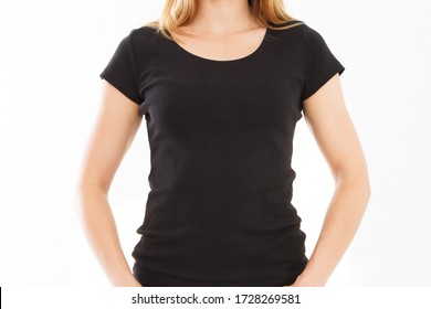 Front View Black T-shirt Closeup On Female Body, Woman Girl In Empty Black Tshirt Isolated On White Background, T Shirt Copy Space