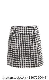 Front view of black and white houndstooth mini skirt isolated on white background. Fashion apparel product image ideal for online stores, clothing catalogs, retail advertising, e-commerce listings and brand marketing materials.