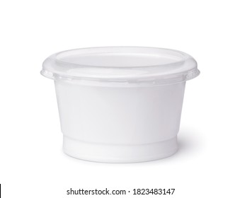 Front view of blank disposable plastic dairy cup isolated on white