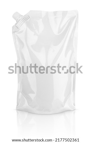 Front view of blank glossy white doypack with cap or stand-up pouch isolated on white background with clipping path