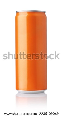 Front view of blank orange aluminum drink can isolated on white