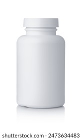 Front view of blank plastic pill bottle isolated on white