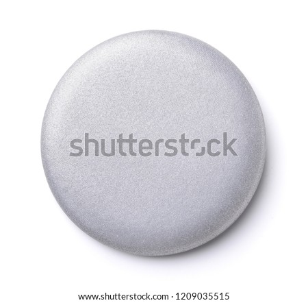 Front view of blank silver button badge isolated on white