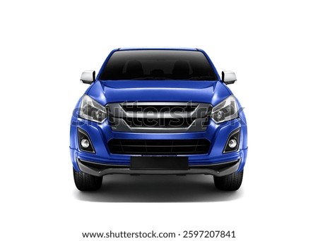 Front view of blue colour pickup truck Isolated on white background. 3D rendering.
