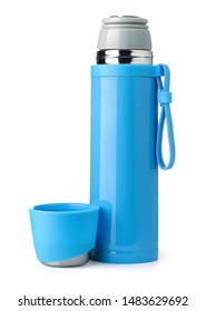 Front View Of Blue Metal Thermos Flask Isolated On White