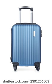 Front view of blue plastic spinner suitcase isolated on white - Shutterstock ID 2301256503