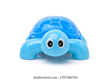 Front view of Blue plastic turtle toy isolated on white background. Clipping path.