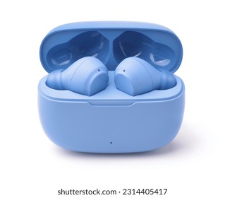 Front view of blue wireless earbuds in charging case isolated on white - Shutterstock ID 2314405417