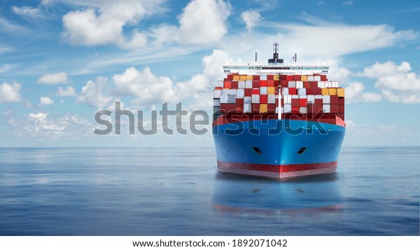 Front view from bow of a large blue shipping\
container ship in the\
ocean.